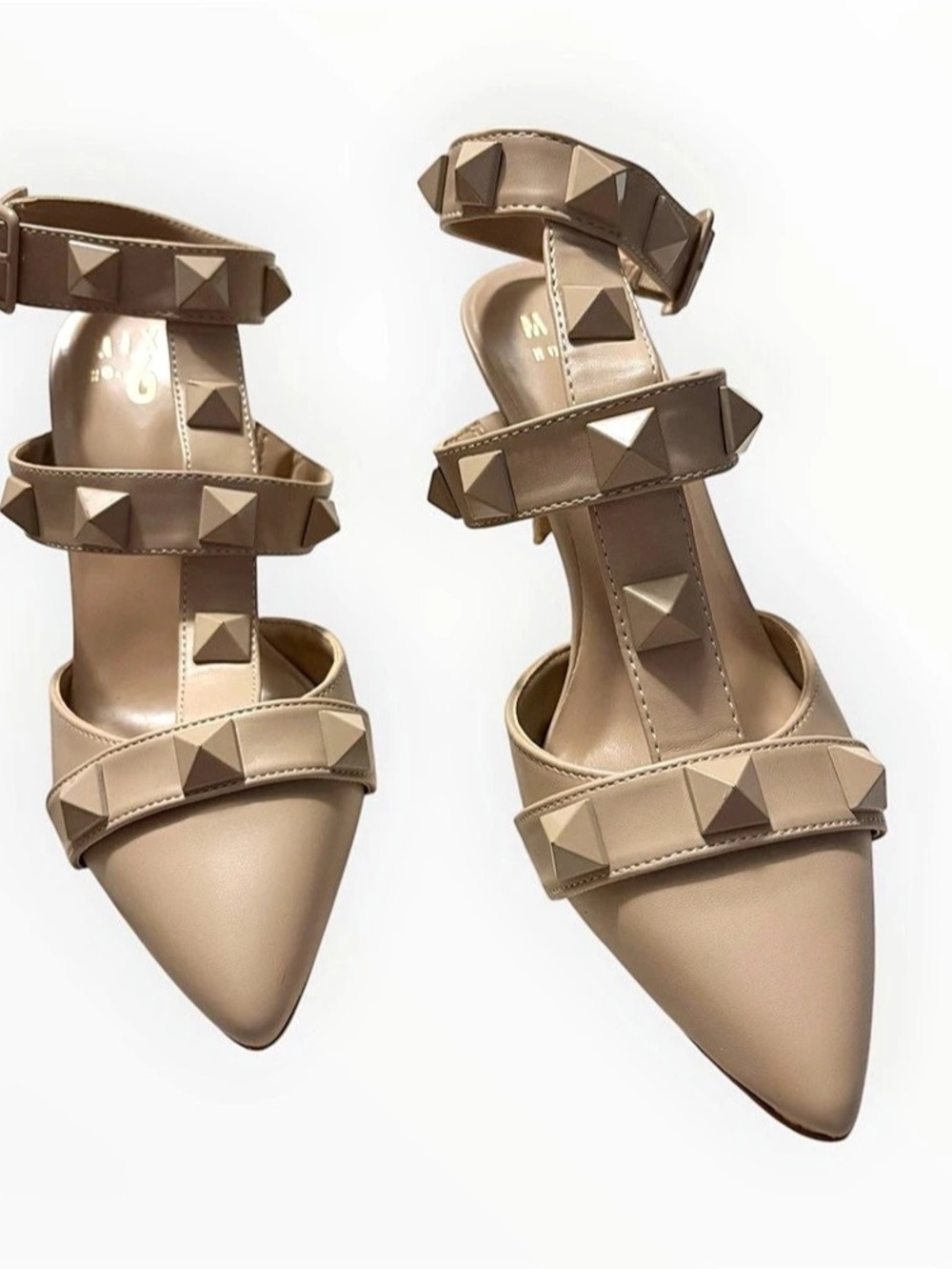 Mix No. 6 Lassy Studded T-Strap Pump Heels Nude Beige Pointed Toe - Size 8 - Picture 2 of 5